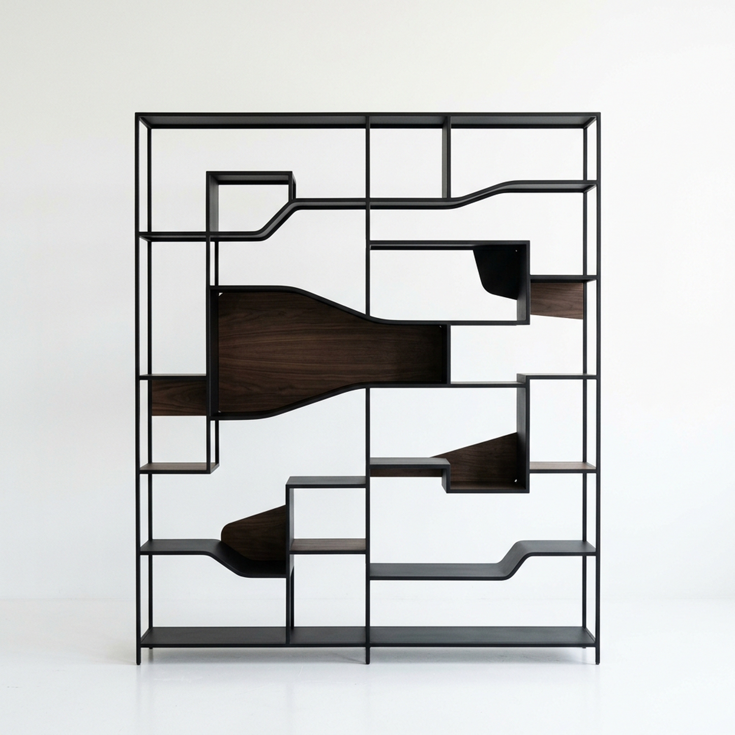 Modern Industrial Bookcase, Asymmetrical Open Shelving Unit with Metal Frame and Wood Shelves