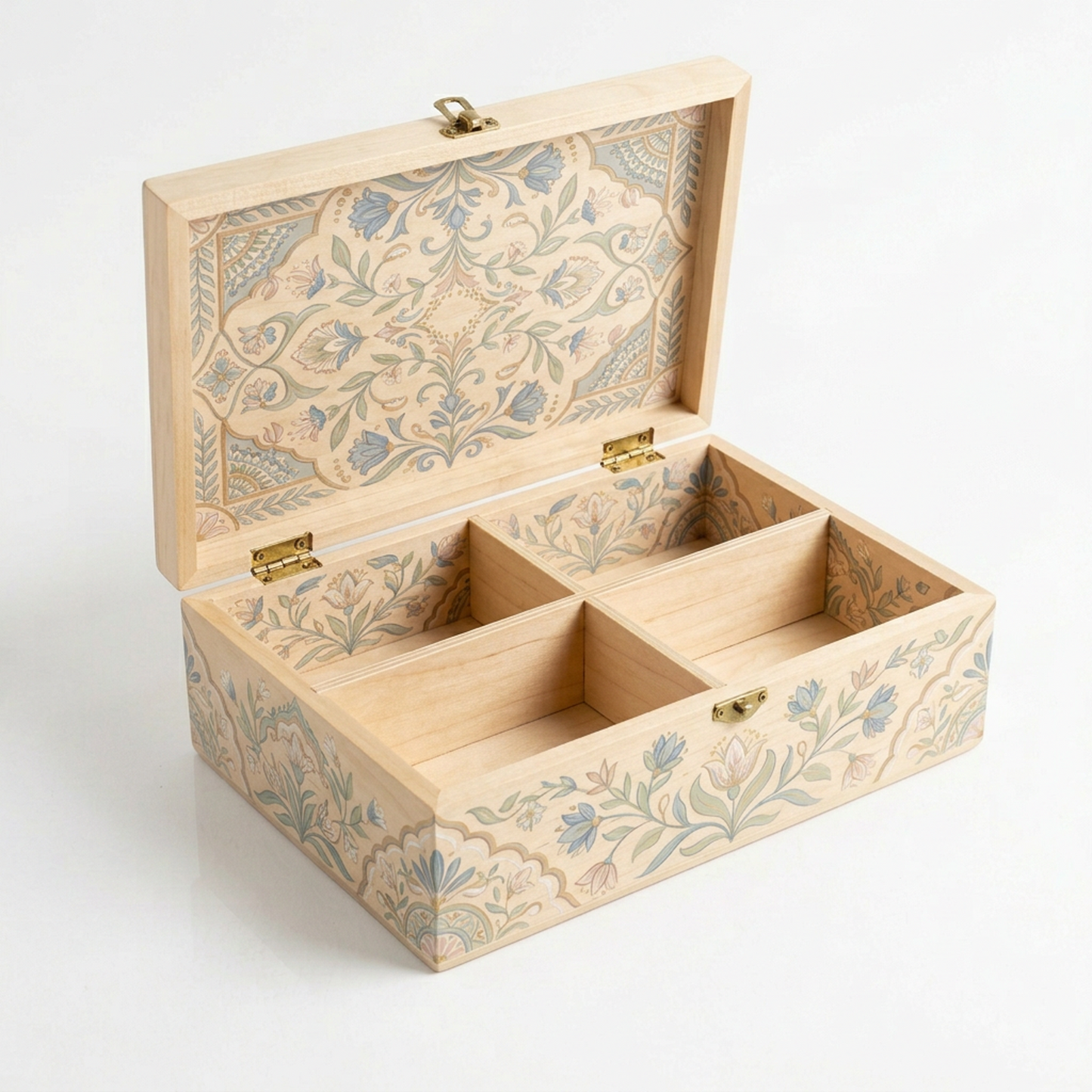 Wooden Compartment Organizer Box with Floral Pattern, Dust-Proof Flip-Top Lid