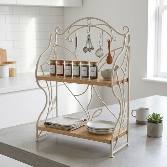 Decorative Countertop Storage Stand with Hanging Hooks, Two Wooden Shelves