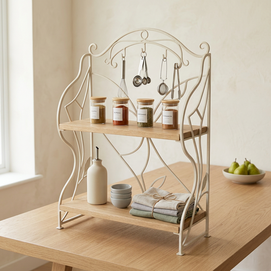 Decorative Countertop Storage Stand with Hanging Hooks, Two Wooden Shelves