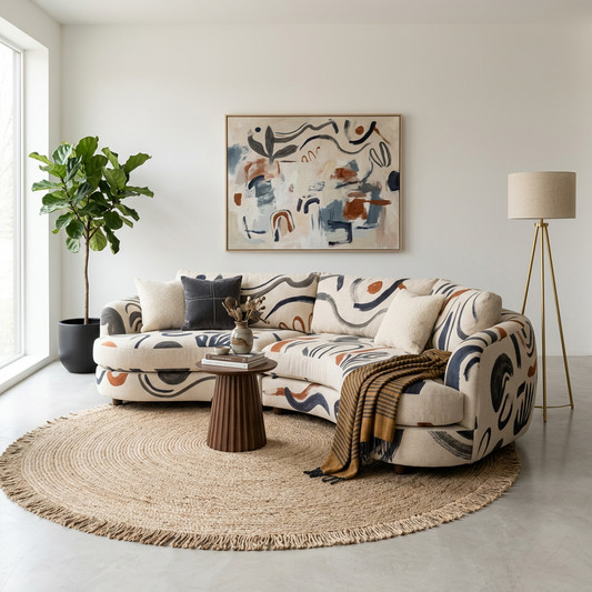 Modern Statement Sofa, Curved Upholstered Couch with Artistic Brushstroke Design
