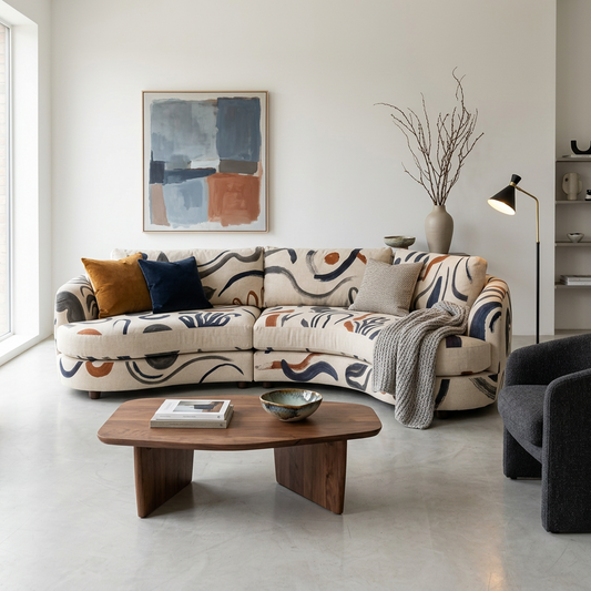 Modern Statement Sofa, Curved Upholstered Couch with Artistic Brushstroke Design