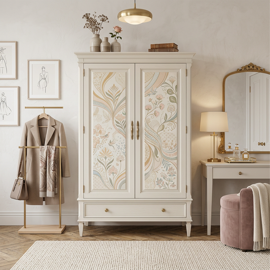 Vintage-Inspired Bedroom Armoire Cabinet, Double Door Storage with Decorative Floral Artwork