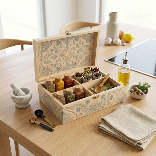 Wooden Compartment Organizer Box with Floral Pattern, Dust-Proof Flip-Top Lid