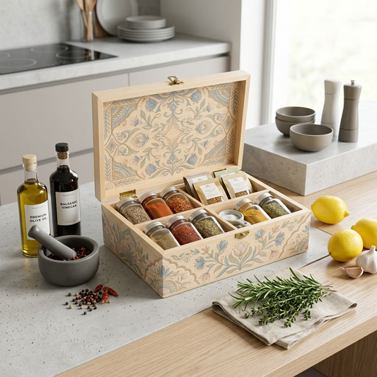 Wooden Compartment Organizer Box with Floral Pattern, Dust-Proof Flip-Top Lid