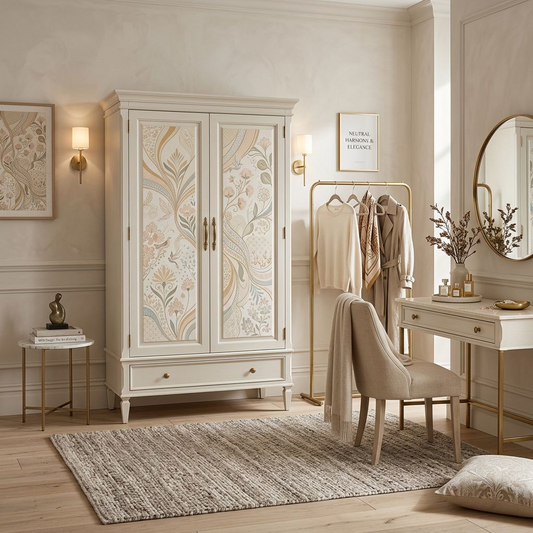 Vintage-Inspired Bedroom Armoire Cabinet, Double Door Storage with Decorative Floral Artwork