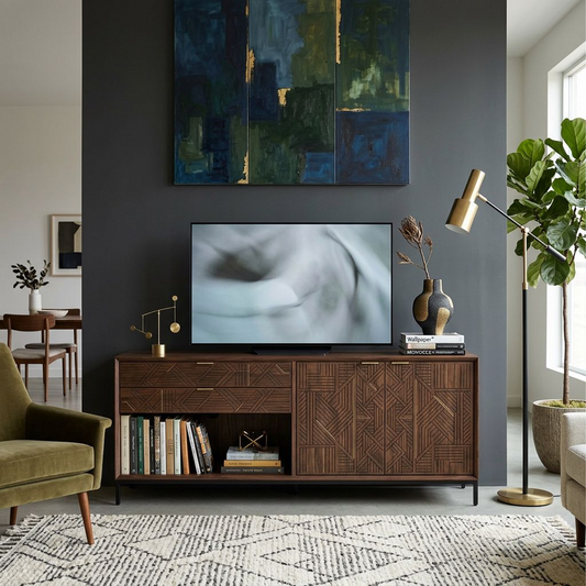 Wooden Media Console Cabinet with Textured Geometric Doors, Modern TV Cabinet