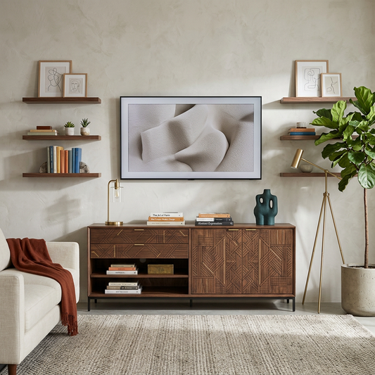 Wooden Media Console Cabinet with Textured Geometric Doors, Modern TV Cabinet